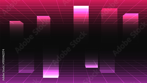 Retro futuristic digital landscape with glowing pink and purple grid and columns