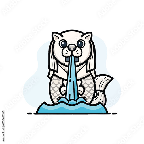 A cartoon-style illustration of a mythical creature. It has a lion's head and a fish's body, spouting water. A cute, minimalist design