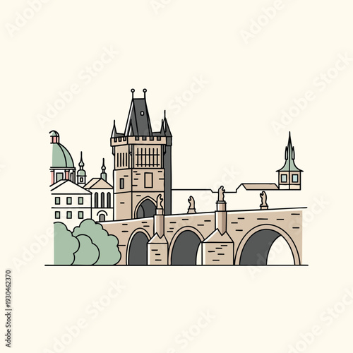 A linear illustration of an ancient bridge and towers over a body of water in a minimalist style, featuring arches, spires, and a building