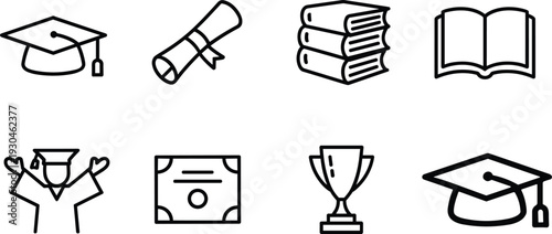 Education and Graduation Outline Icon Set Featuring Diploma Books Trophy Certificate and Academic Cap Vector Illustration Isolated on Gray Background