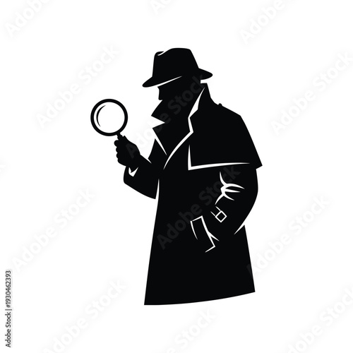 Detective silhouette with magnifying glass on white background