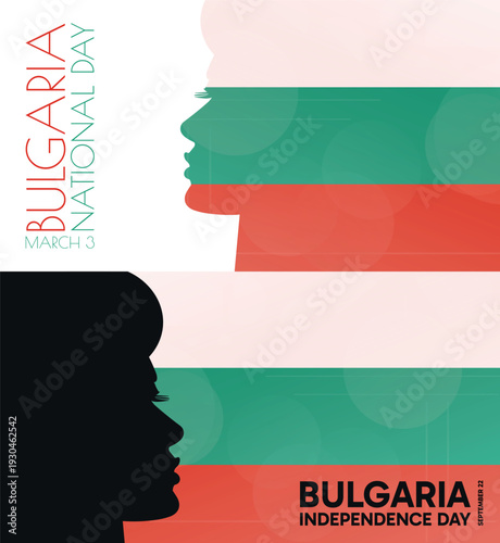 Bulgaria Independence, National Day banner pack. Vector illustration with flag colors, person silhouette for web panel, event, social media post. Patriotic celebration backdrop, background