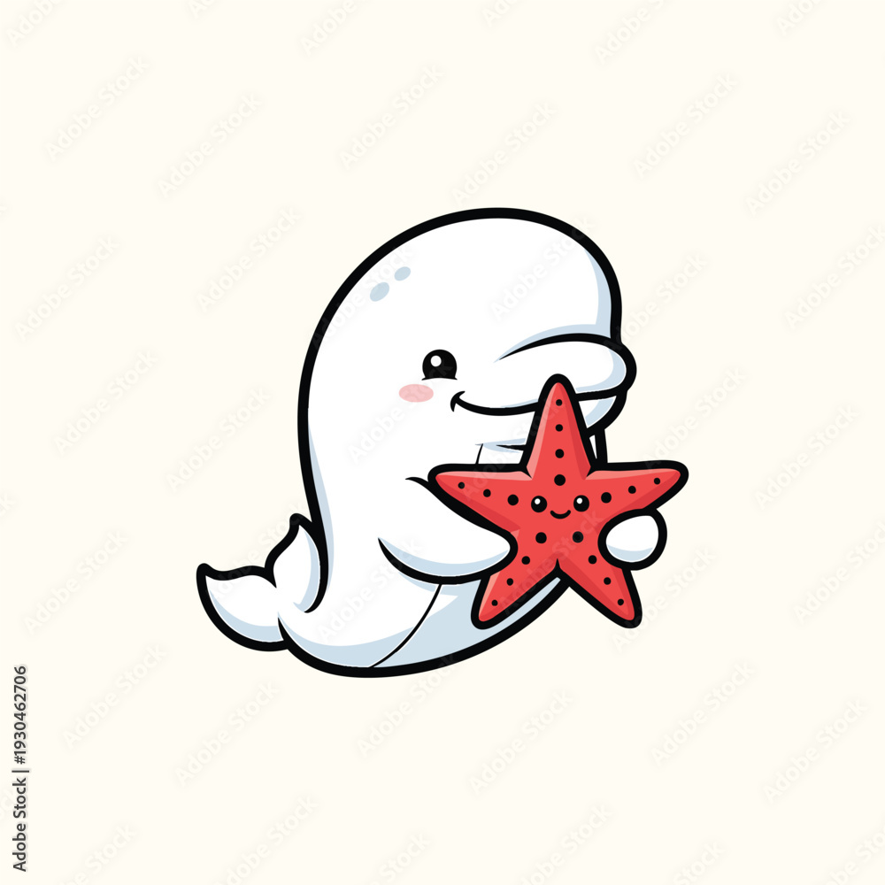 Obraz premium A cute cartoon depiction of a white mammal-like creature holding a smiling, red starfish with black dots on a cream background