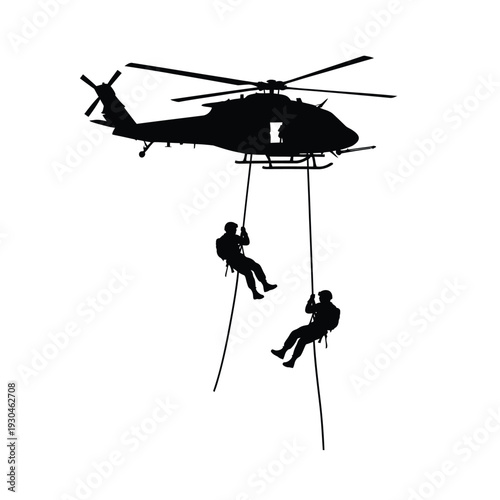 Helicopter Rappelling Soldiers on White Background