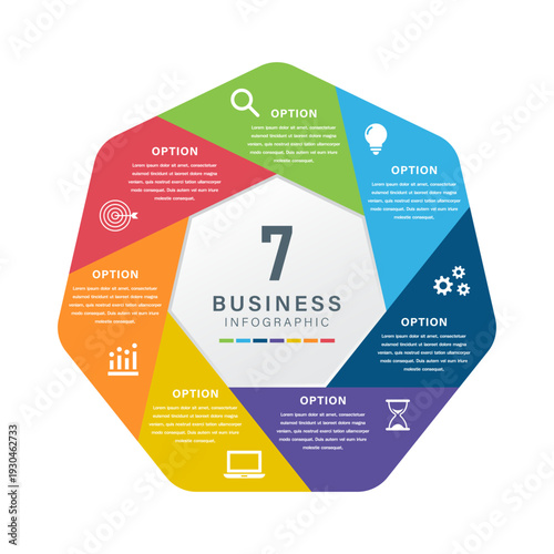 Colorful 7 Sided Business Infographic Template with Icons for Strategy, Innovation, Teamwork, Time Management, Technology, Analytics, and Goals
