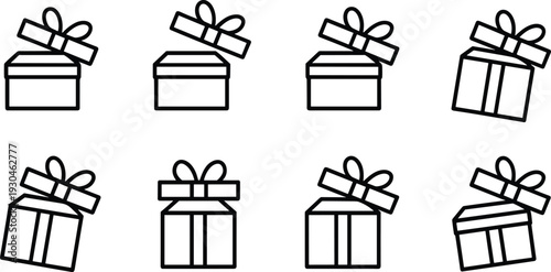 Gift Box Outline Icon Set with Ribbon Bow Present Package Vector Illustration Collection for Celebration and Holiday Design