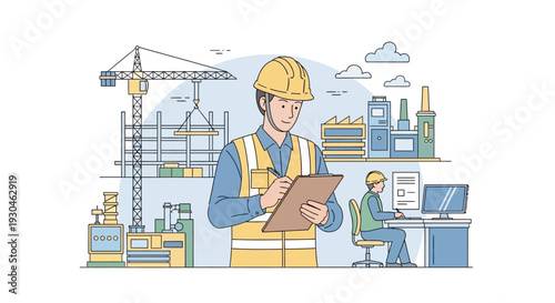 Construction Worker Checking Plans at Site.