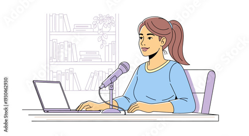 Woman Recording Podcast with Laptop and Microphone.