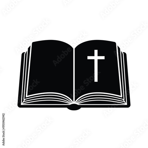 Open Bible with White Cross on Black Background book