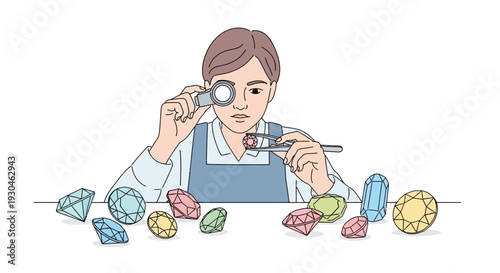 Gemologist examining gemstones with magnifying glass.