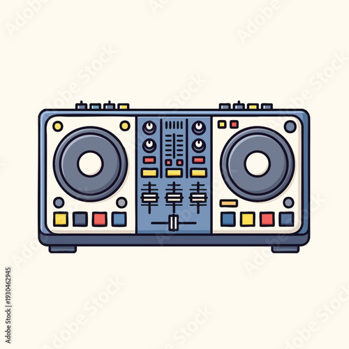 A cartoon-style illustration of a DJ mixer with large circular turntables, buttons, faders, and knobs in a colorful design