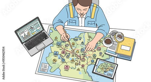 Man Planning Trip on Map with Laptop.