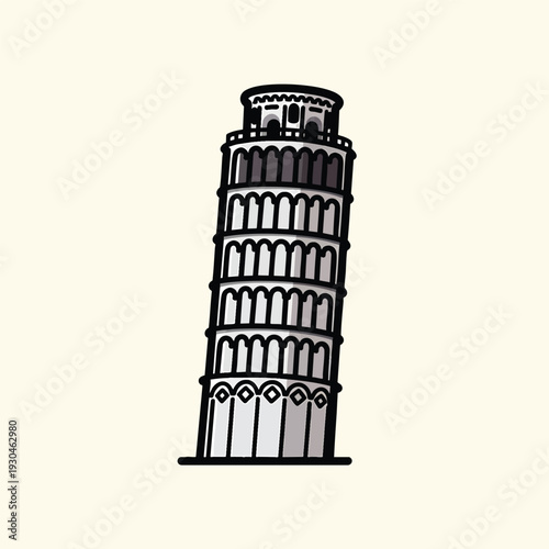 A cartoon illustration of a leaning tower, featuring multiple arched levels. It is presented on a plain light background