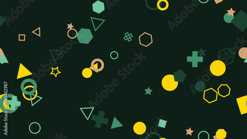 pattern geometric horizontal Abstract Geometric Shapes Background with Circles Squares Triangles Hexagons Stars and Plus Signs in Various Colors