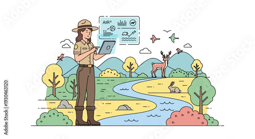 Park Ranger Using Tablet in Nature Reserve.