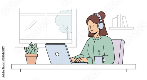 Woman Working on Laptop with Headphones.