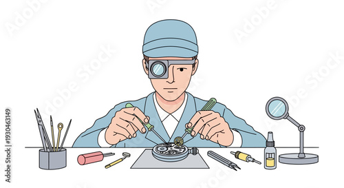 Watchmaker repairing timepiece with precision tools.