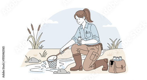 Woman Kneeling Fishing with Net Illustration.