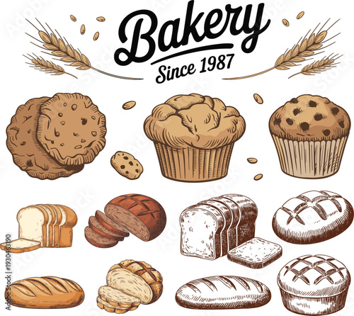 Hand drawn bakery set with bread muffin cookie croissant baguette wheat grain and rustic oven icons