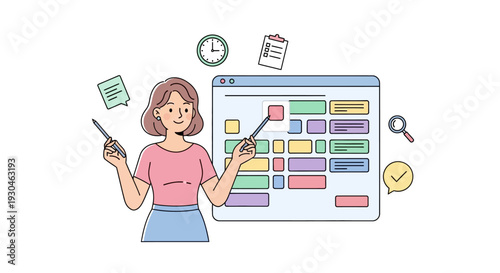 Woman Organizing Tasks on Digital Calendar.