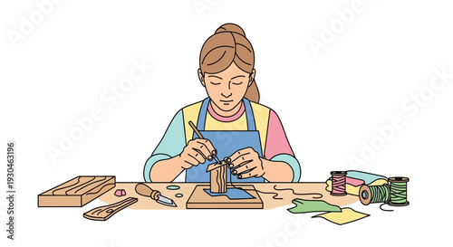 Woman Crafting Wooden Object with Hand Tools.