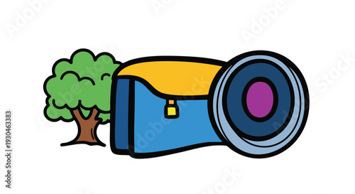 A cartoon image showcasing a stylized tree next to a camera. The camera is blue, yellow, and has a large lens. The overall design features bold outlines