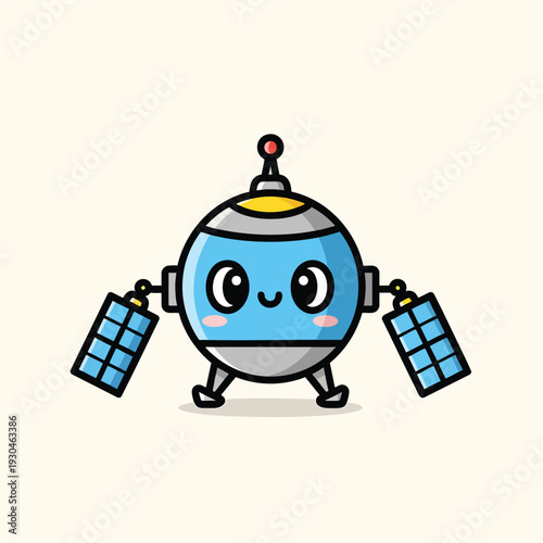 A cartoonish robot with a spherical body, large eyes, and solar panels attached. It has legs and a cute smiling face