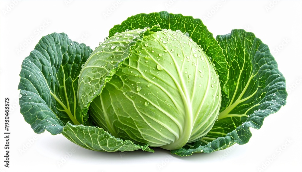 Obraz premium Fresh Green Cabbage Head on White Background for Healthy Eating and Lifestyle Concepts.