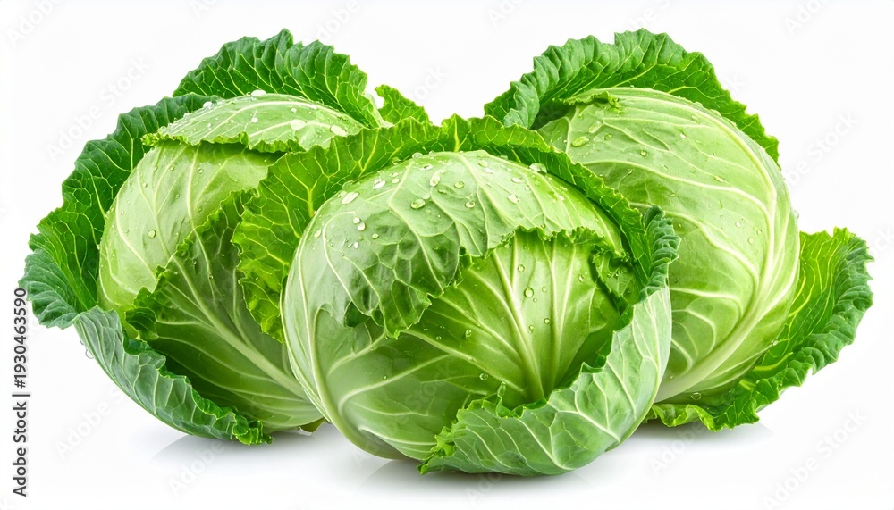 Obraz premium Fresh Green Cabbage Trio on White Backdrop Healthy Eating and Lifestyle Concept Clean and Vibrant Studio Shot.