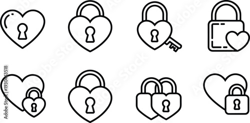 Heart Padlock and Key Outline Icon Collection Featuring Love Security Privacy Protection Symbols Vector Illustration Isolated on Gray Background