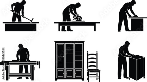 Carpenter woodworking silhouettes cutting, assembling and crafting furniture isolated on white background, professional woodworker and carpentry workshop concept collection