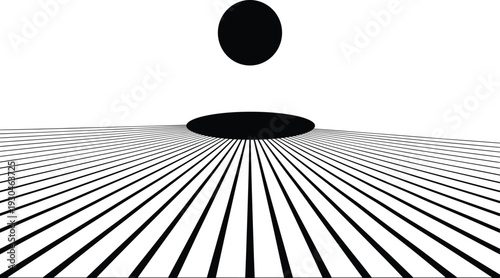 A stark black sphere floats above an elliptical void on a converging striped plane, creating a mysterious, high-contrast abstract scene.