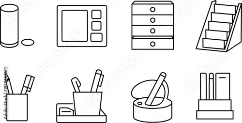 Office Supplies and Stationery Outline Icon Set Featuring Drawer Organizer Pencil Holder and Microwave Vector Illustration