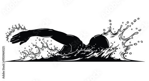 Silhouette of a Swimmer in Water with Splashes swimming
