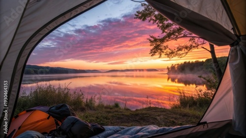 A view from inside a tent looking out at a beautiful sunrise over a lake. Tent opening frames the shot. Copy space in the center of the lake-sky. Camping lifestyle.