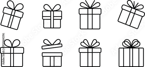 Present and Gift Box Outline Icon Collection with Ribbon Bow Vector Illustration Set for Celebration and Holiday Design