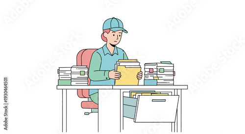 Office Worker Sitting at Desk with Files.