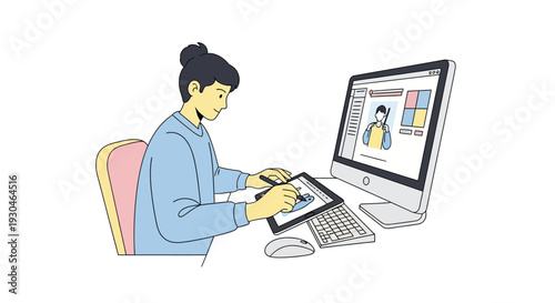Woman Working on Digital Graphics Tablet.
