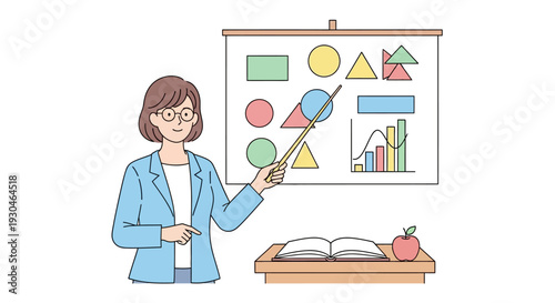 Woman Teacher Pointing at Graphs on Board.