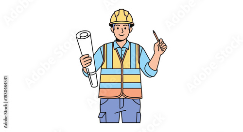Construction Worker Holding Blueprint and Pencil.