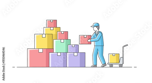 Delivery Man Holding Box Standing Near Packages.