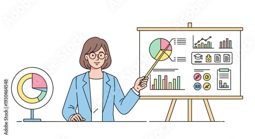Woman presenting data on a whiteboard.