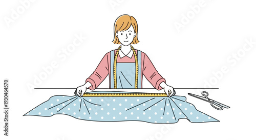 Woman Measuring Fabric with Ruler and Scissors.