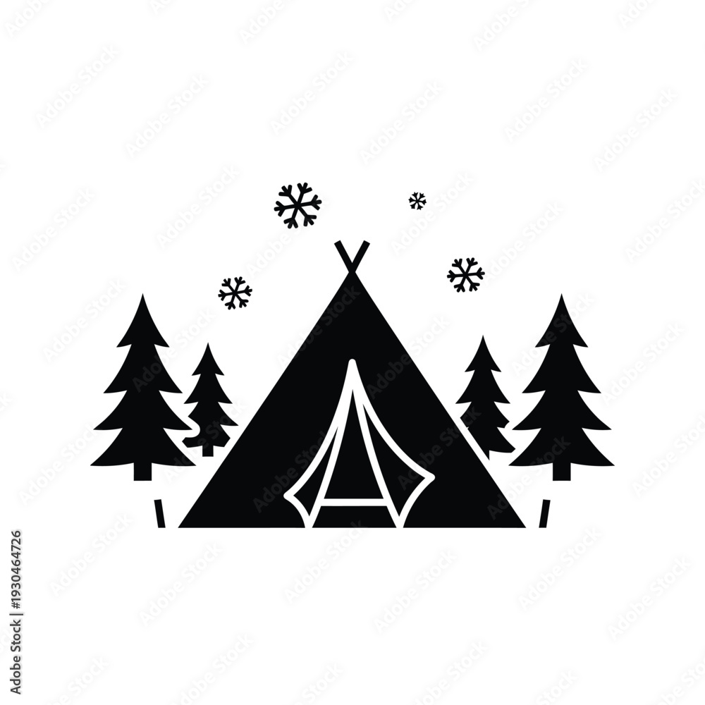 Obraz premium Winter Camping Tent Icon with Snowflakes and Trees