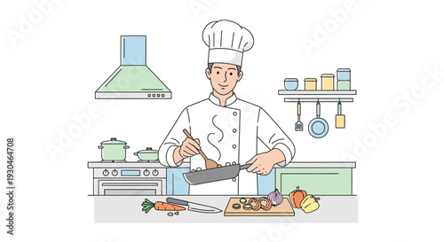Chef Preparing Food in Kitchen with Knife.