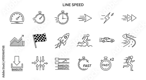 Collection of linear icons representing speed, progress, and acceleration, including stopwatch, rocket, and running man