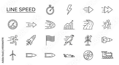 Dynamic collection of abstract line icons representing speed, progress, velocity, and efficient movement for technology, business, and innovation concepts