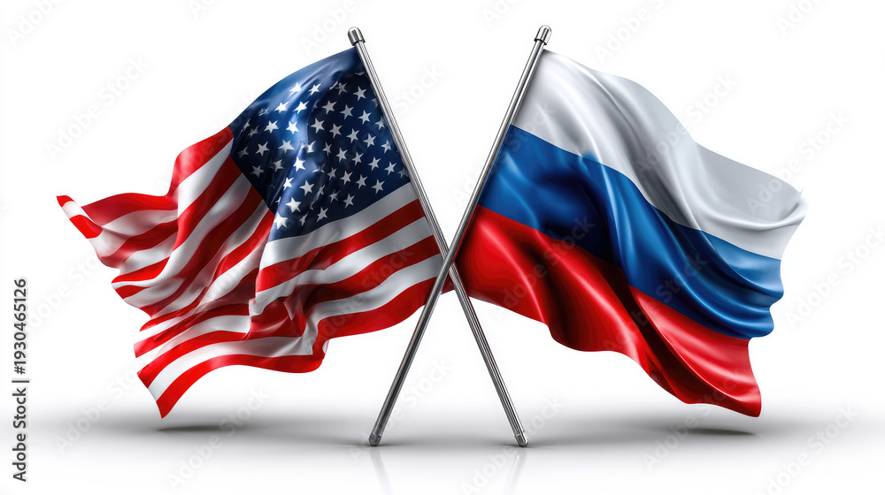 Fototapeta premium United States and Russia flags crossing, symbolizing international relations, diplomatic tension, political conflict, global power rivalry, and national alliance