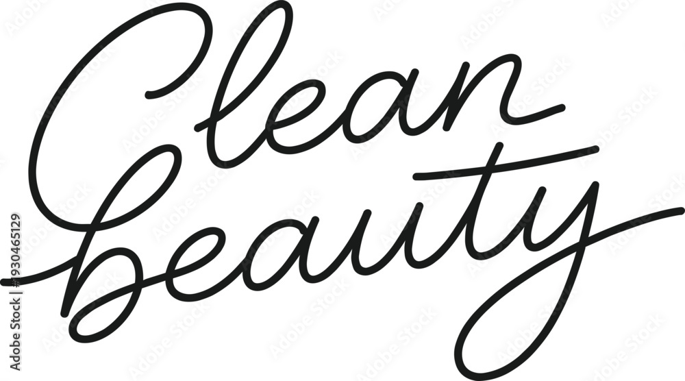 Obraz premium Hand-lettered clean beauty in black script on white, modern minimal typography for cosmetics, natural skincare, and eco-friendly branding.