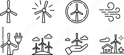 Wind Turbine Outline Icon Set Featuring Renewable Energy Power Generation and Sustainable Electricity Vector Illustration Collection